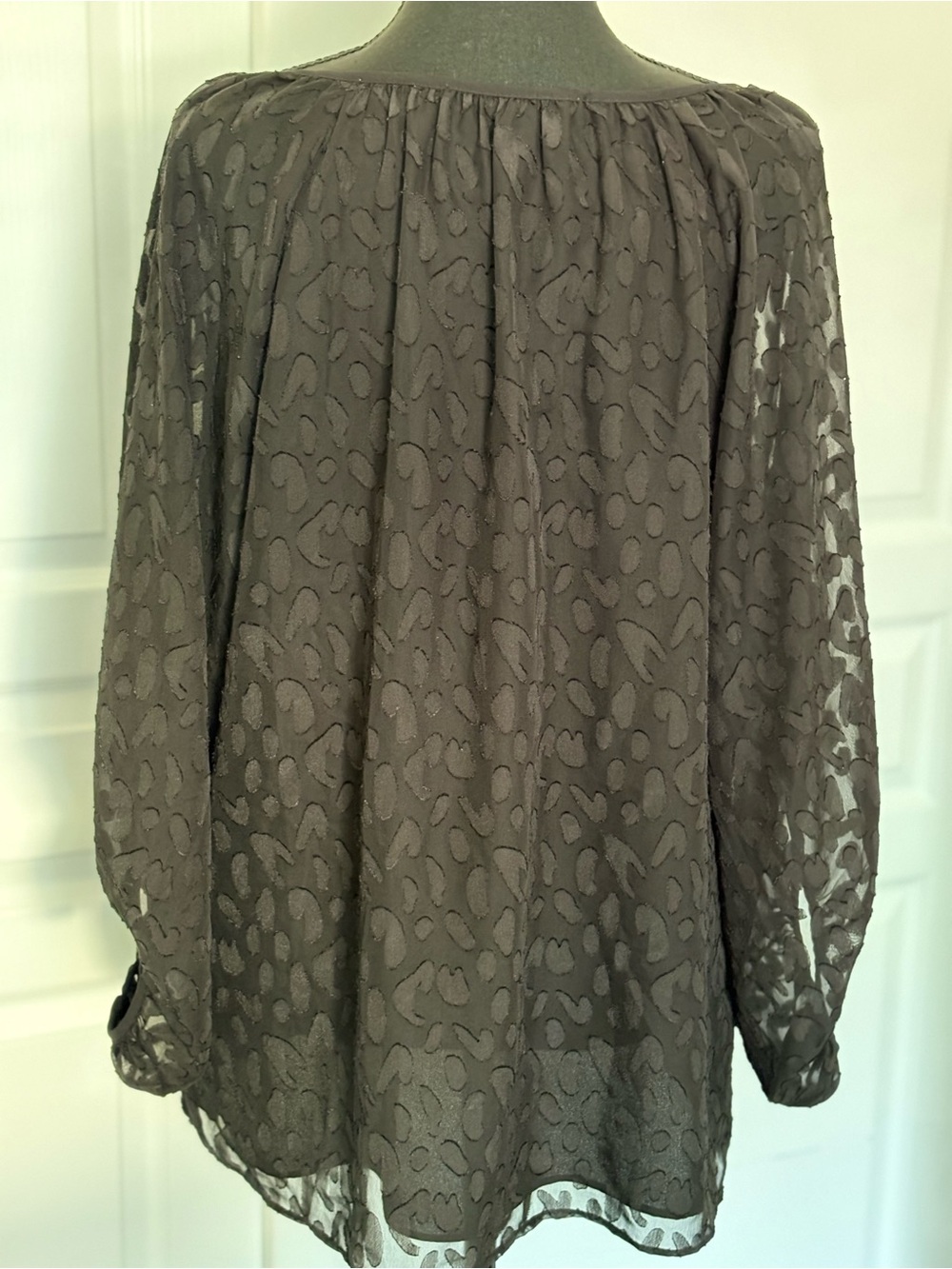 WHBM Black Burnout Animal-Print V-Neck Blouse - Long sleeve w elastic cuffs - Picture 9 of 12